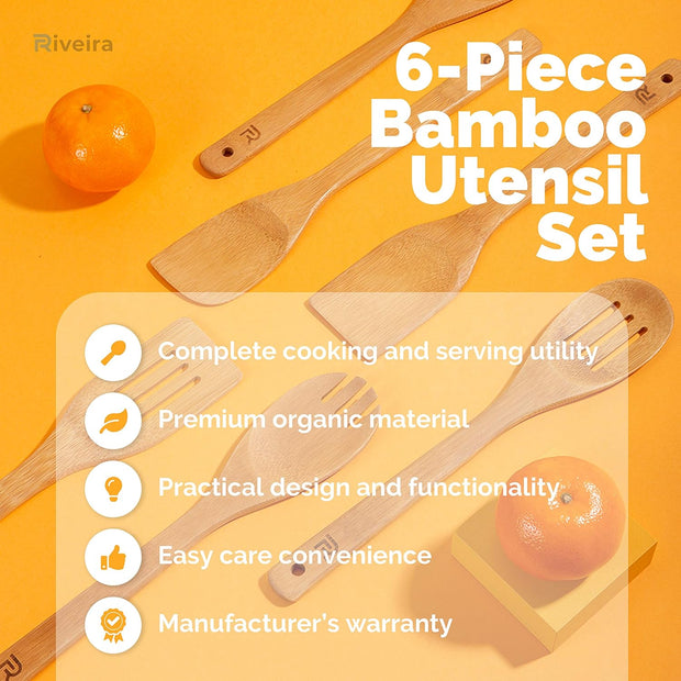 Riveira Bamboo Wooden Spoons for Cooking 6-Piece, Premium Quality for Everyday Use