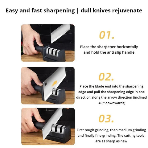 Black Kitchen Three Segment Knife Sharpener Household Multi Functional Hand Held Three Purpose Sharpening Stone Kitchen Tool